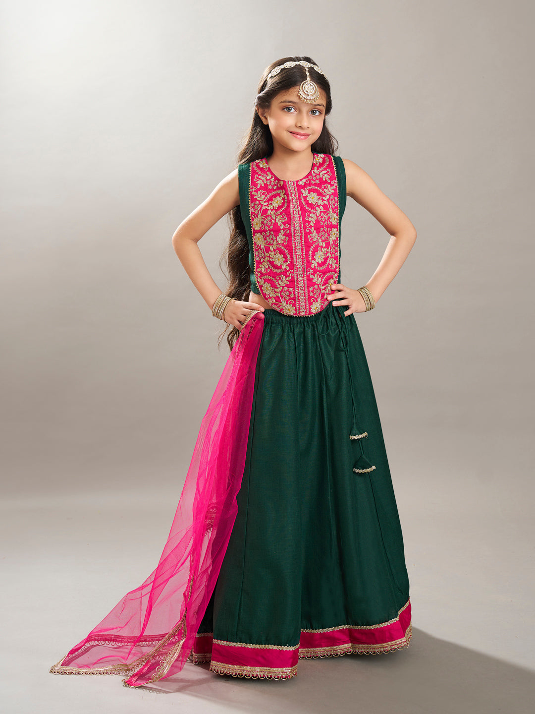 Bitiya by Bhama Boho Design Girls Pink Embroidered Choli Green Ready to Wear Lehenga With Dupatta