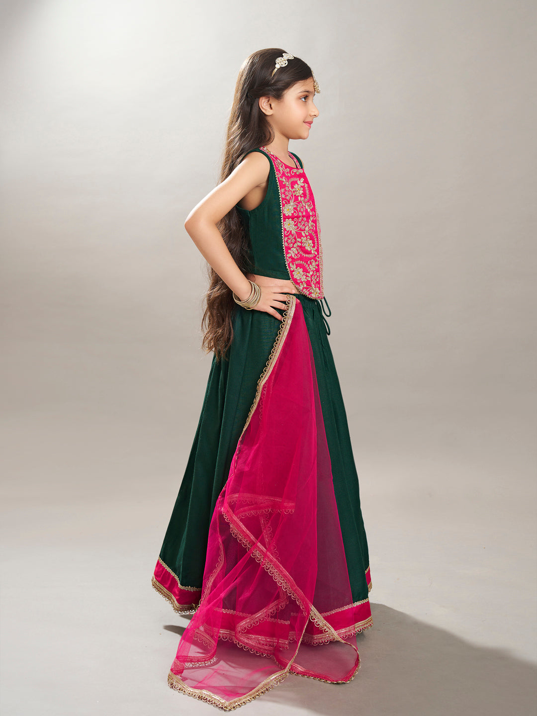 Bitiya by Bhama Boho Design Girls Pink Embroidered Choli Green Ready to Wear Lehenga With Dupatta