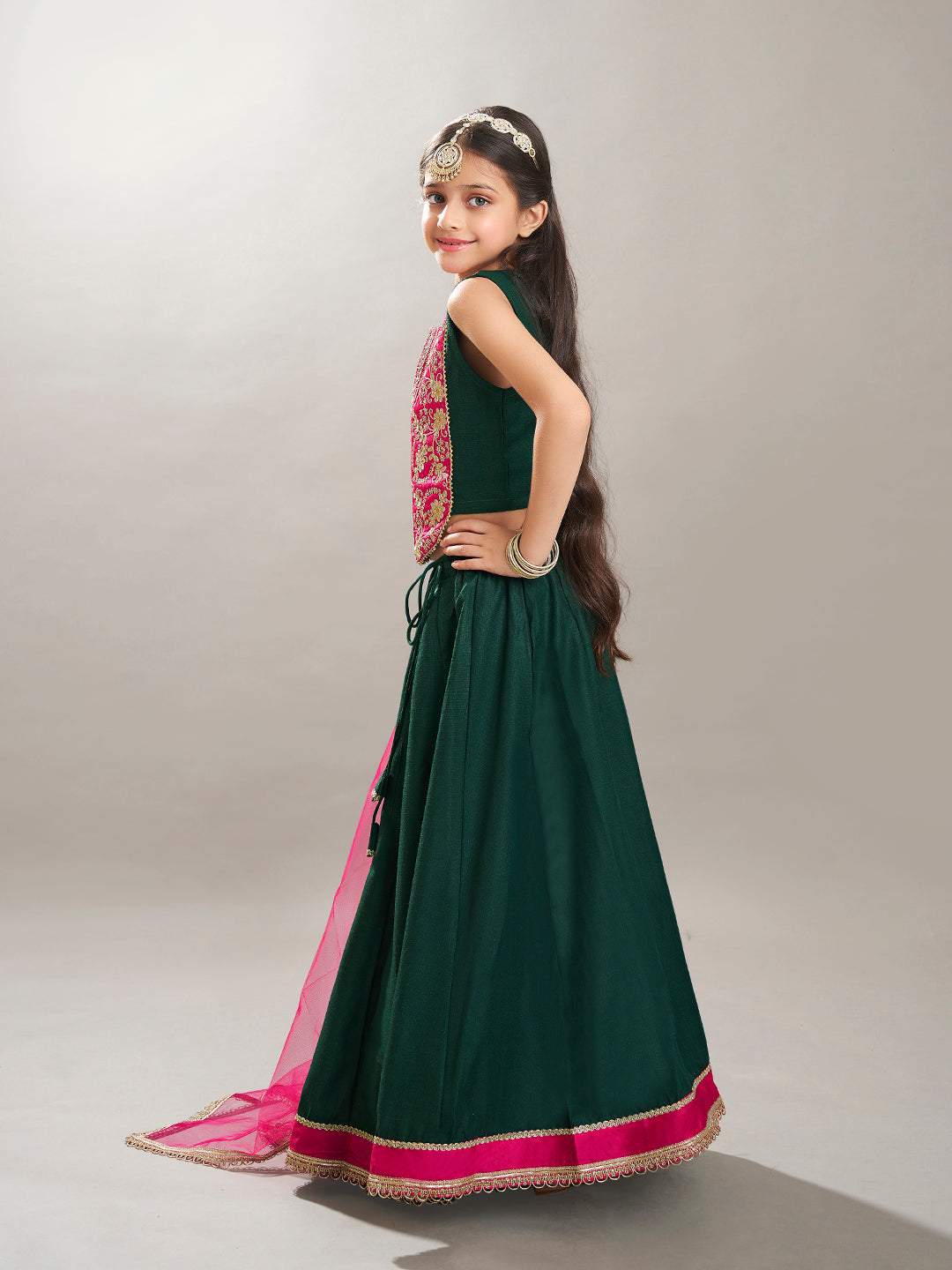 Bitiya by Bhama Boho Design Girls Pink Embroidered Choli Green Ready to Wear Lehenga With Dupatta