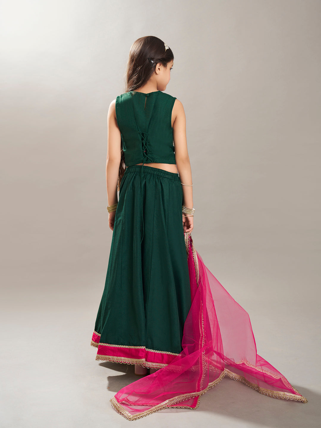 Bitiya by Bhama Boho Design Girls Pink Embroidered Choli Green Ready to Wear Lehenga With Dupatta