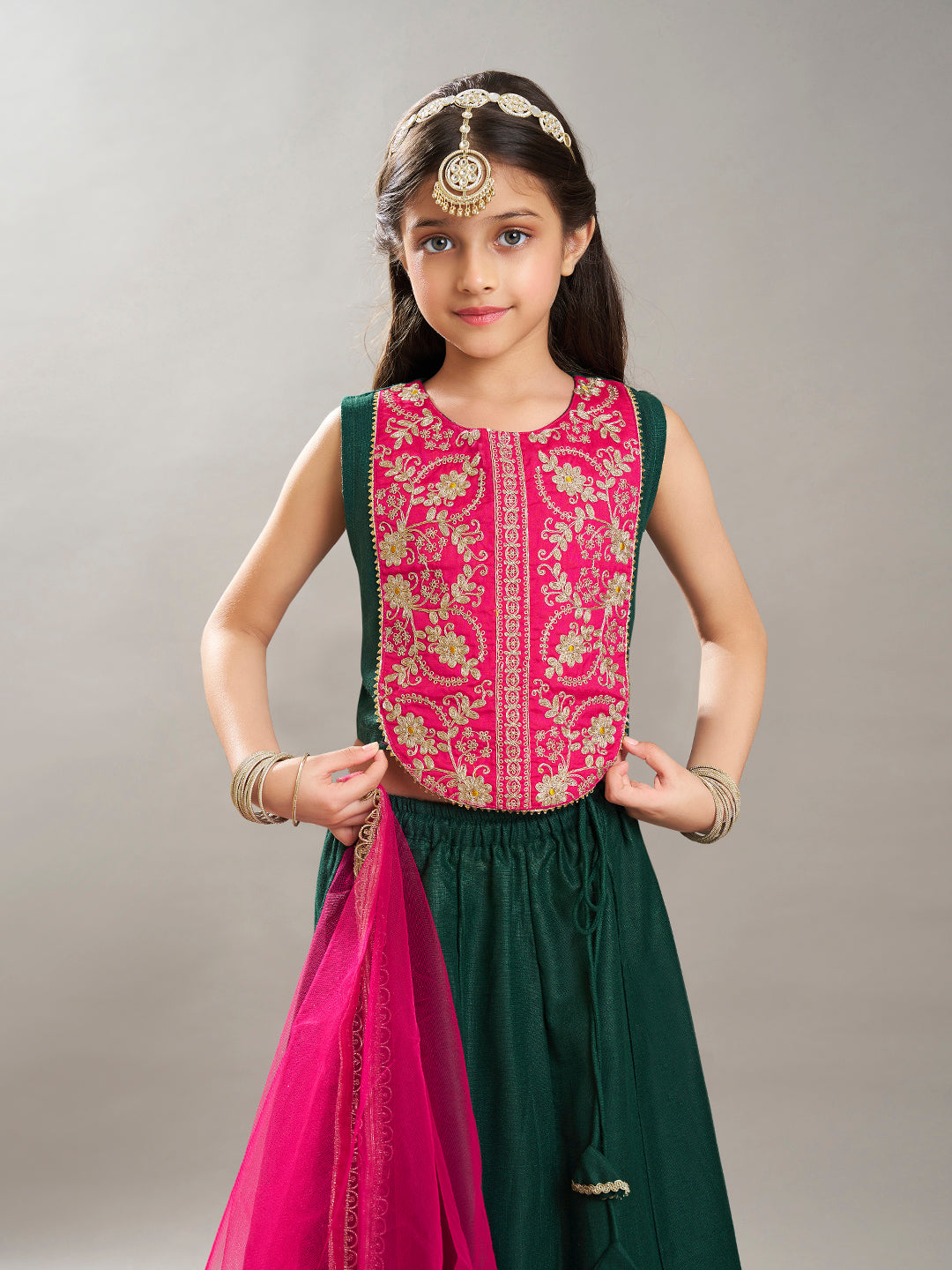 Bitiya by Bhama Boho Design Girls Pink Embroidered Choli Green Ready to Wear Lehenga With Dupatta