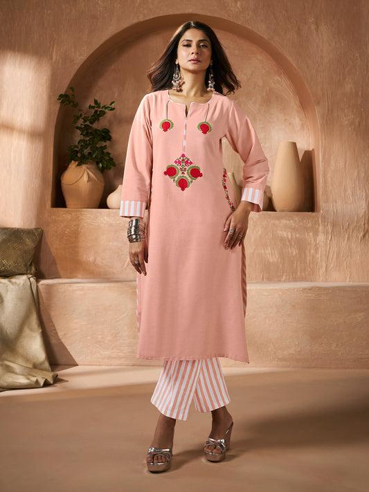 Jennifer Winget Bhama Couture Peach Floral Embroidery Straight Kurta Set