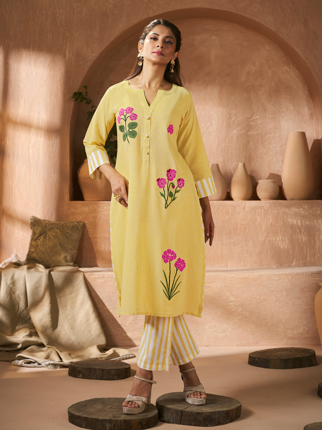 Jennifer Winget Bhama Couture Yellow Floral Embroidery Straight Kurta Set.
