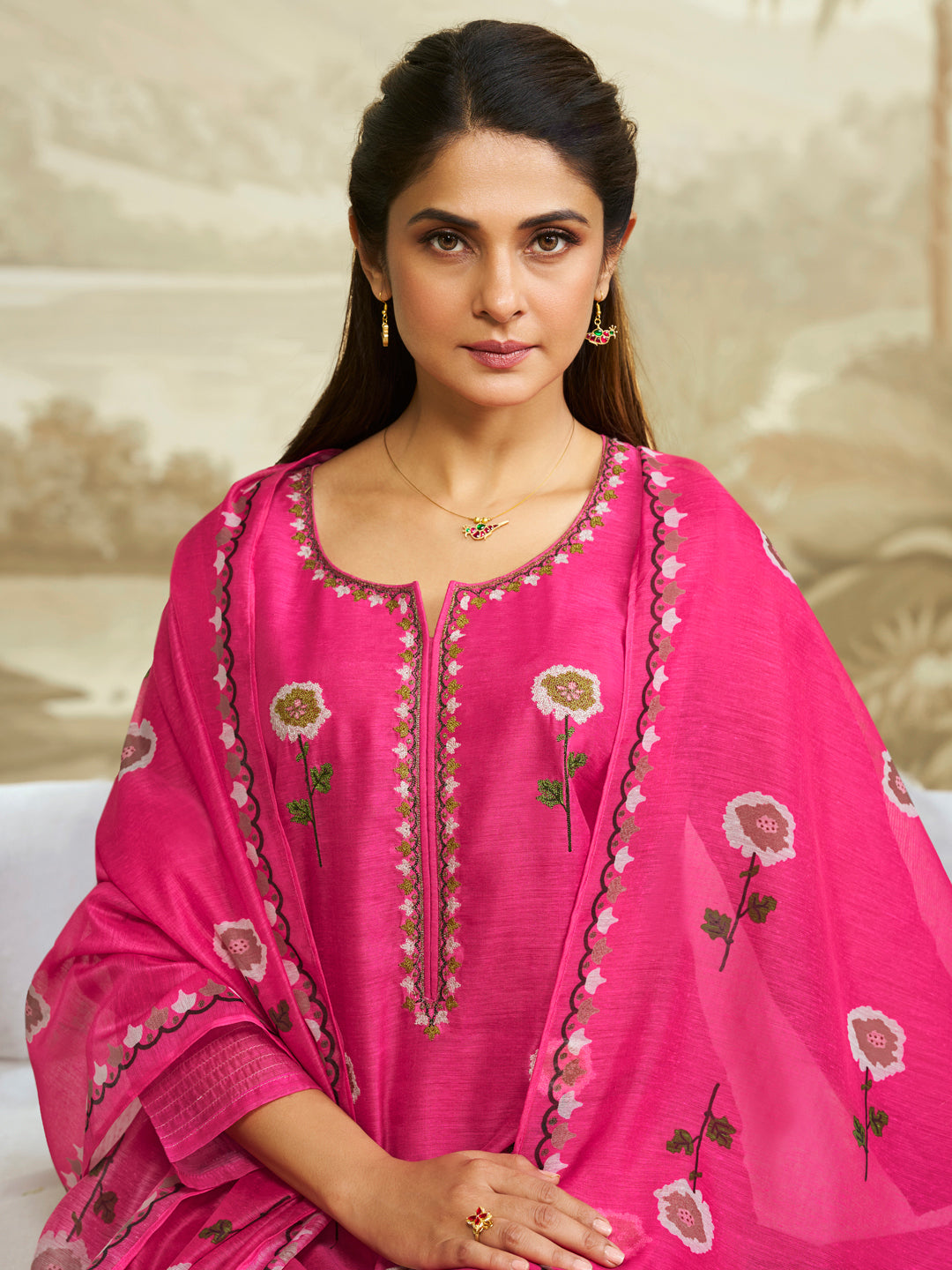 Jennifer Winget Bhama Couture Pink Floral Embroidery Straight Kurta Set With Printed Dupatta
