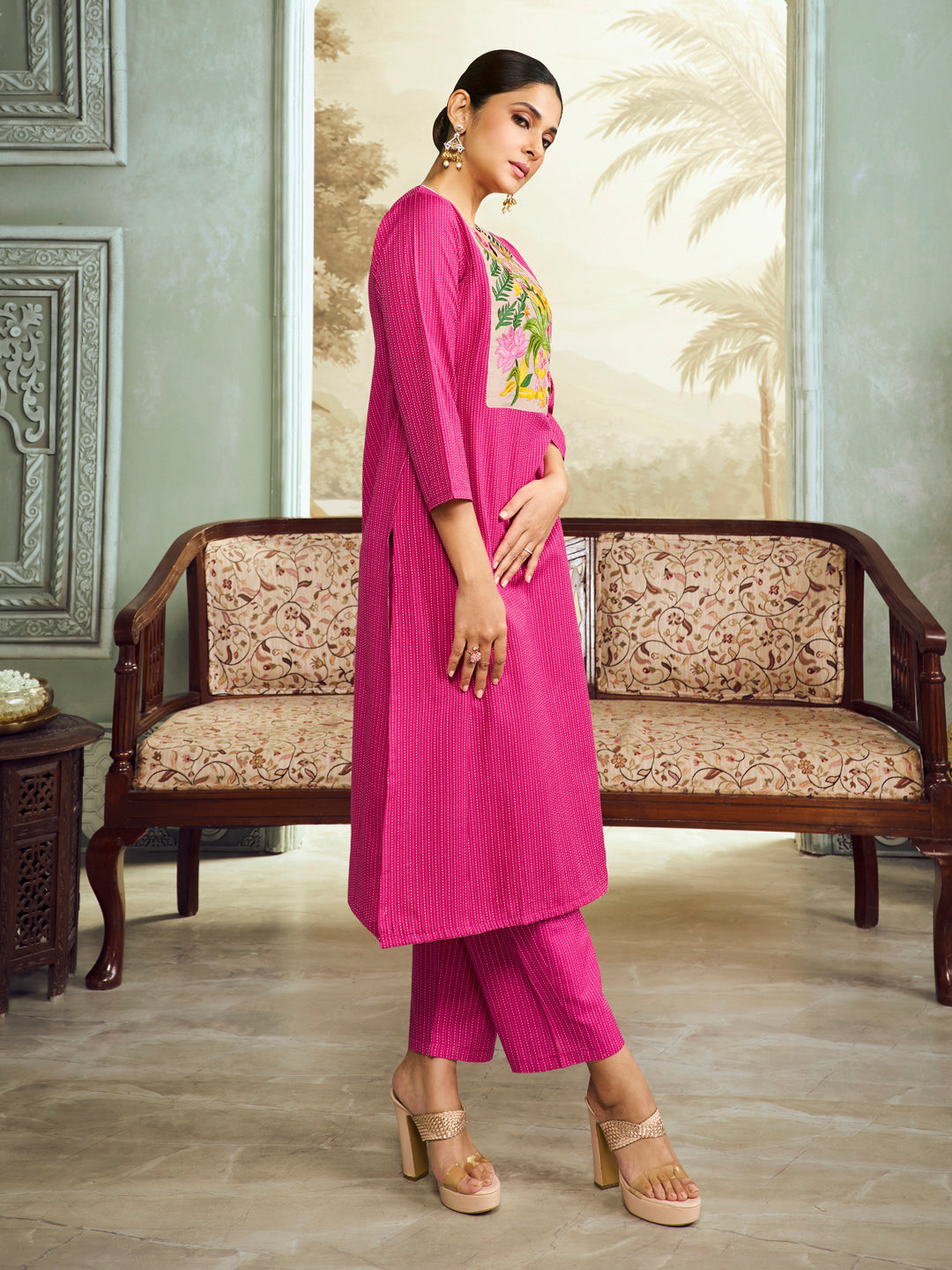 Jennifer Winget Bhama Couture Pink Embroidered Yoke Straight Kurta Set.