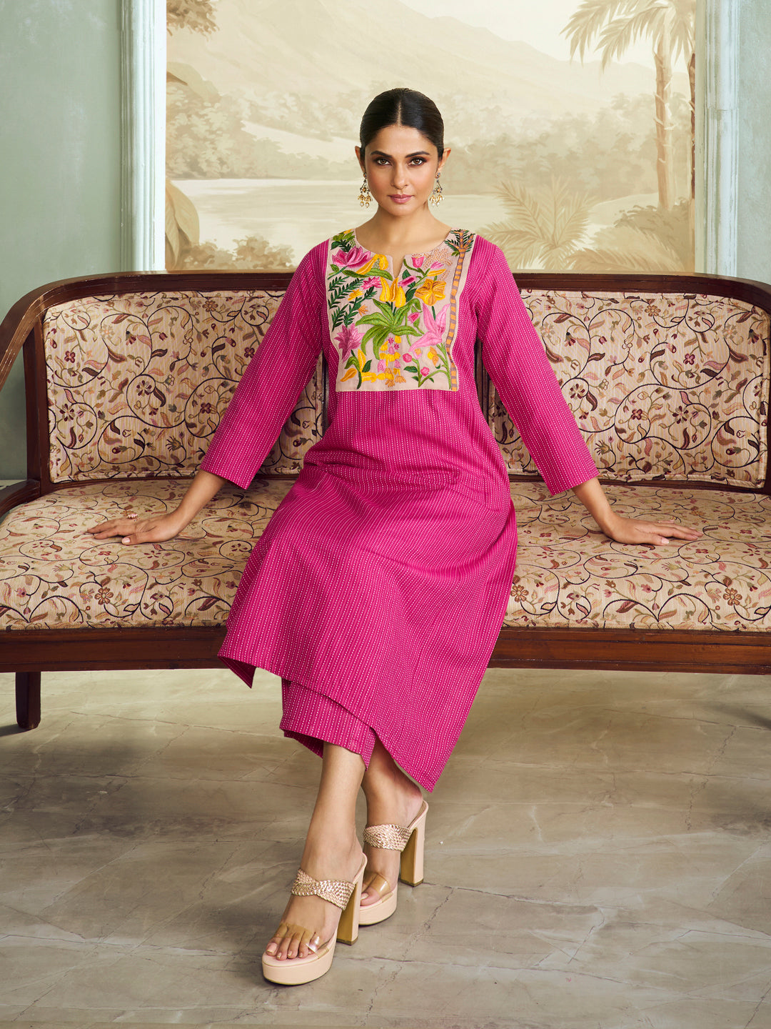 Jennifer Winget Bhama Couture Pink Embroidered Yoke Straight Kurta Set.