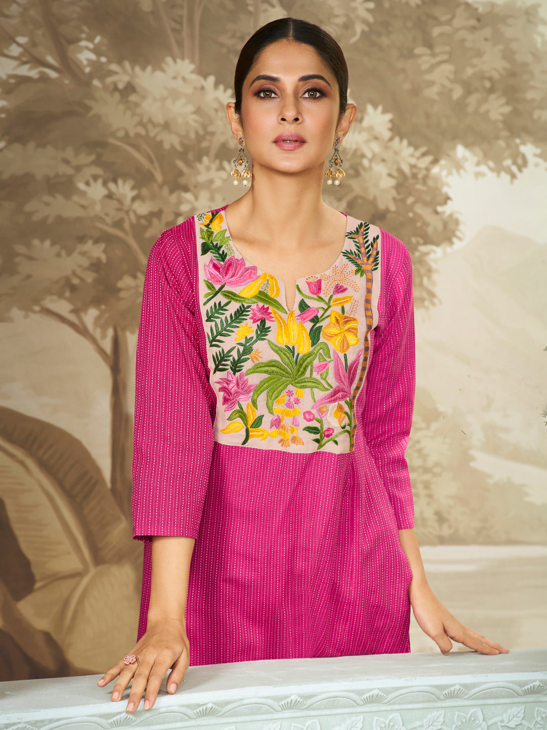 Jennifer Winget Bhama Couture Pink Embroidered Yoke Straight Kurta Set.