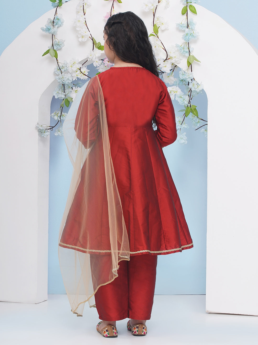 Bitiya by Bhama Girls Maroon Embroidered Angrakha Kurta with Trousers with dupatta