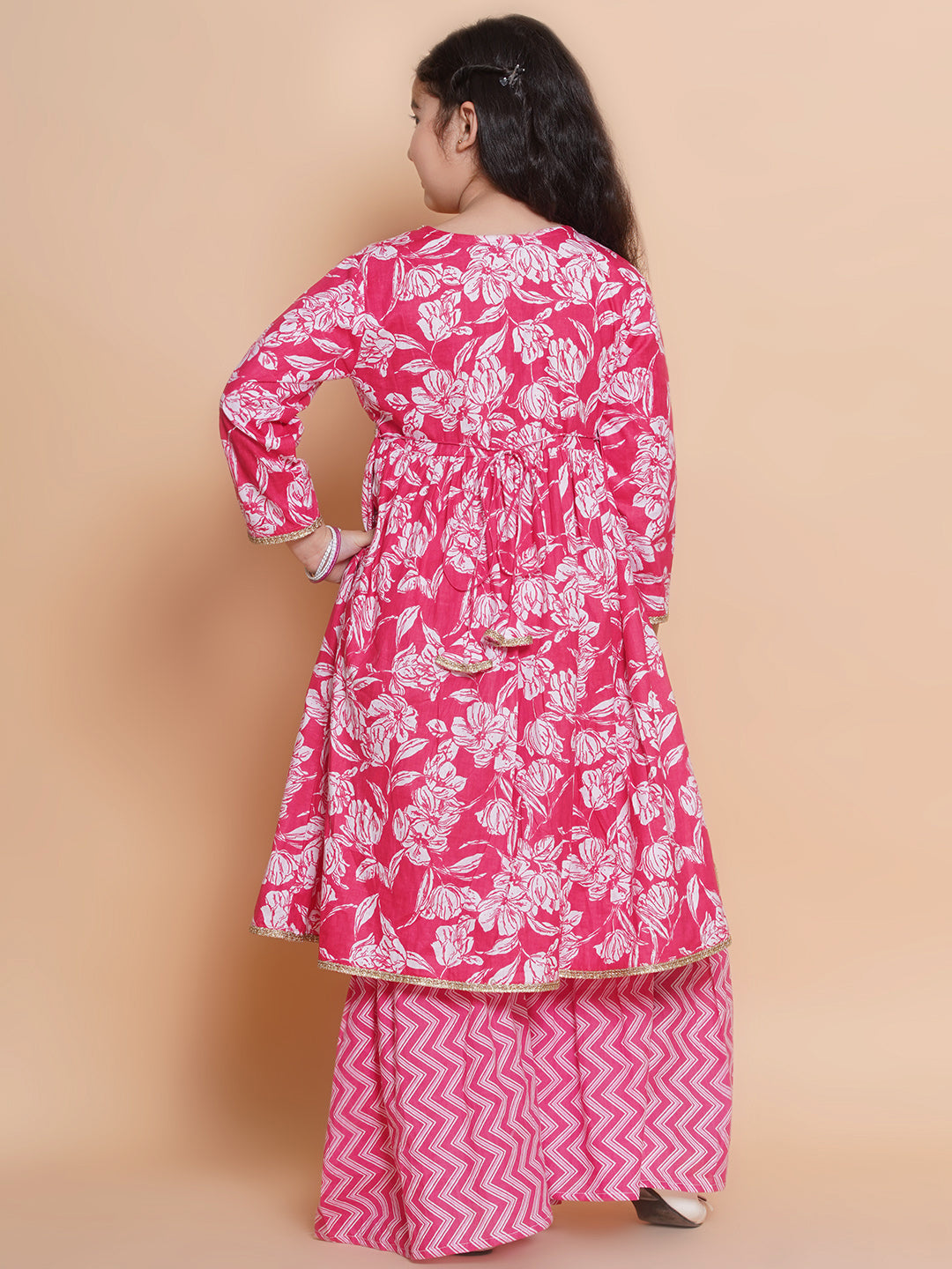 Girls Floral Printed Empire Gotta Patti Pure Cotton Kurta with Sharara