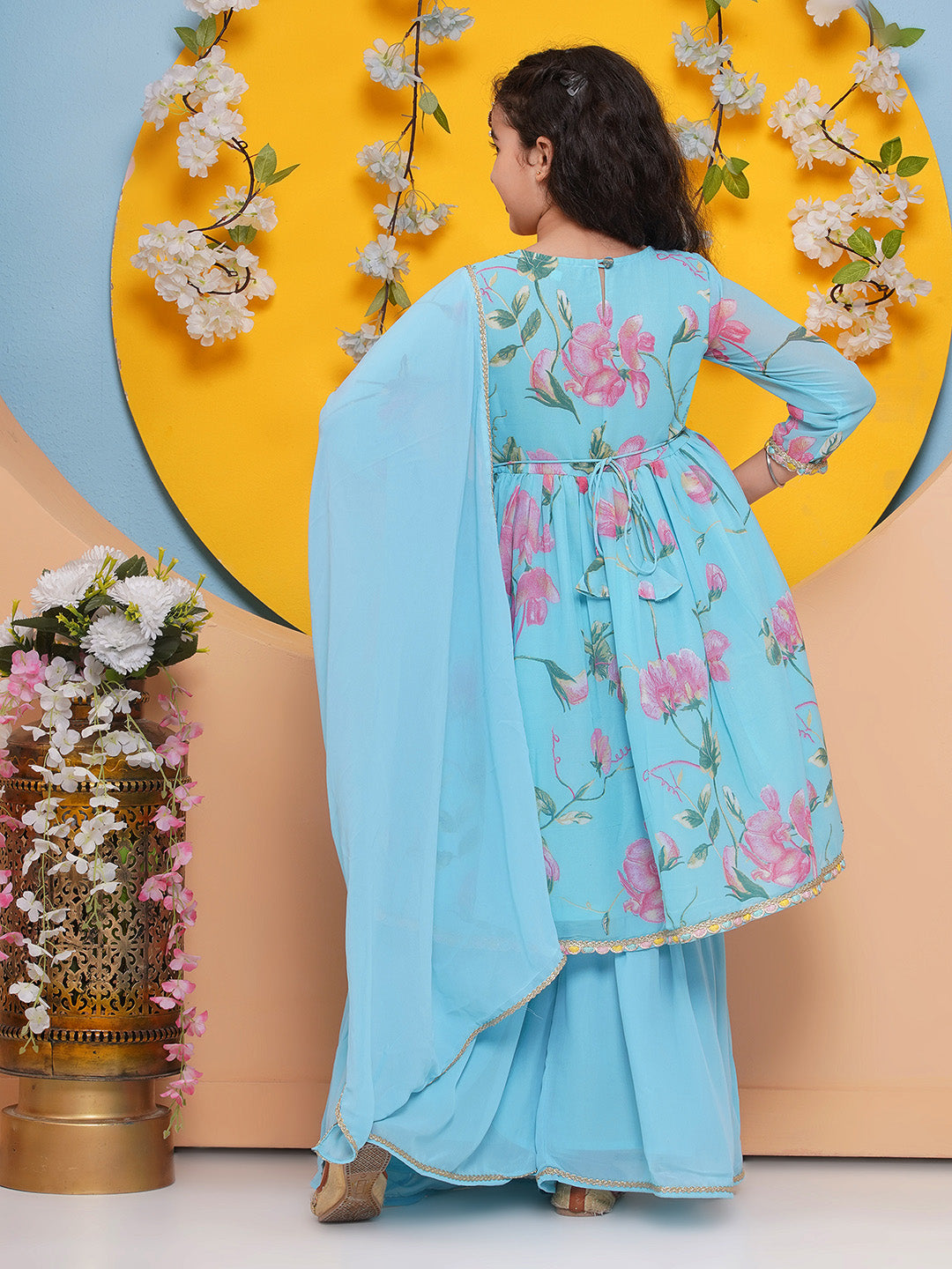 Bitiya by Bhama Girls Blue Floral Printed Kurta with Sharara With dupatta