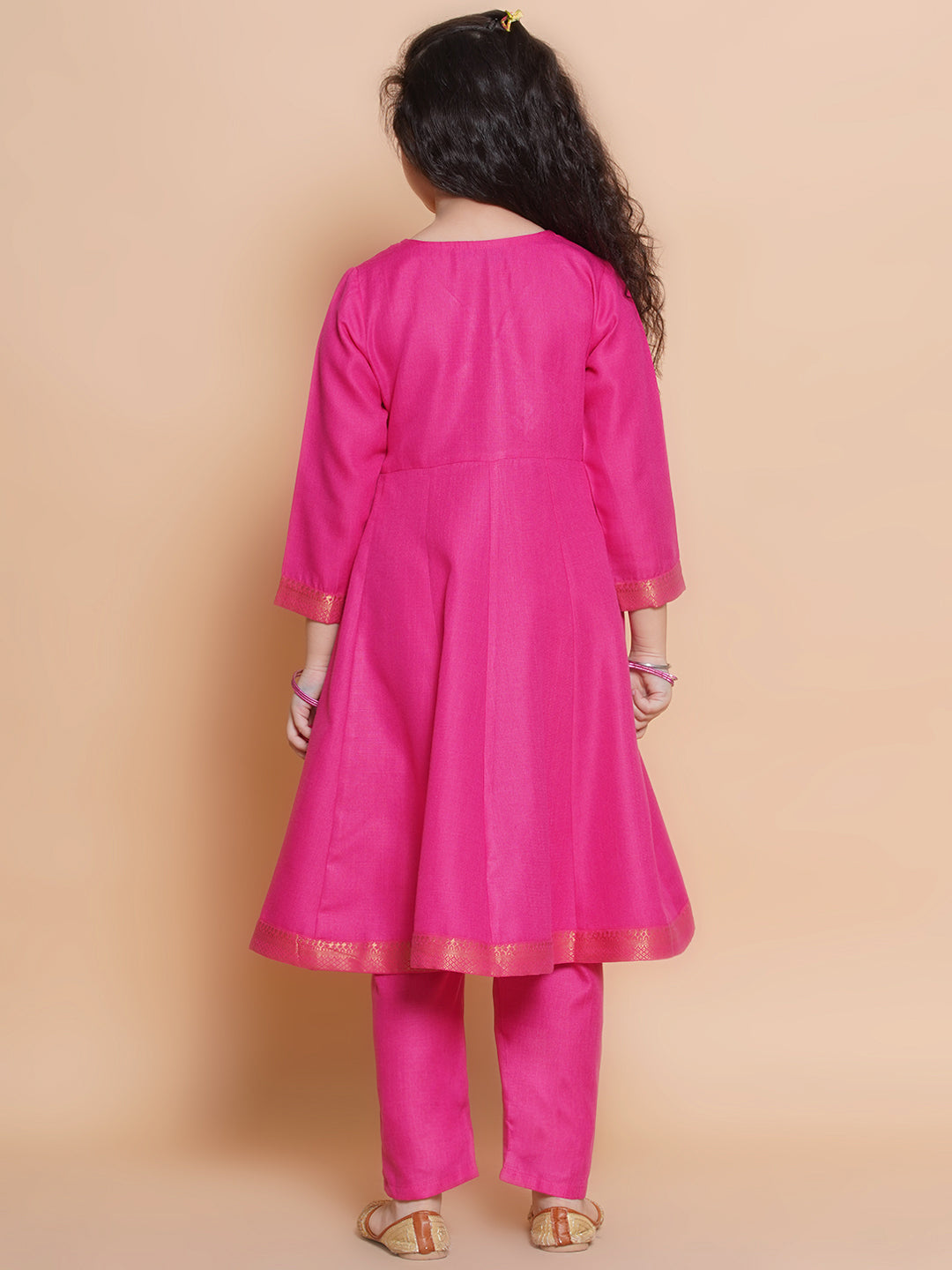 Bitiya by Bhama Girls Pink Embroidered Angrakha Kurta with Trousers