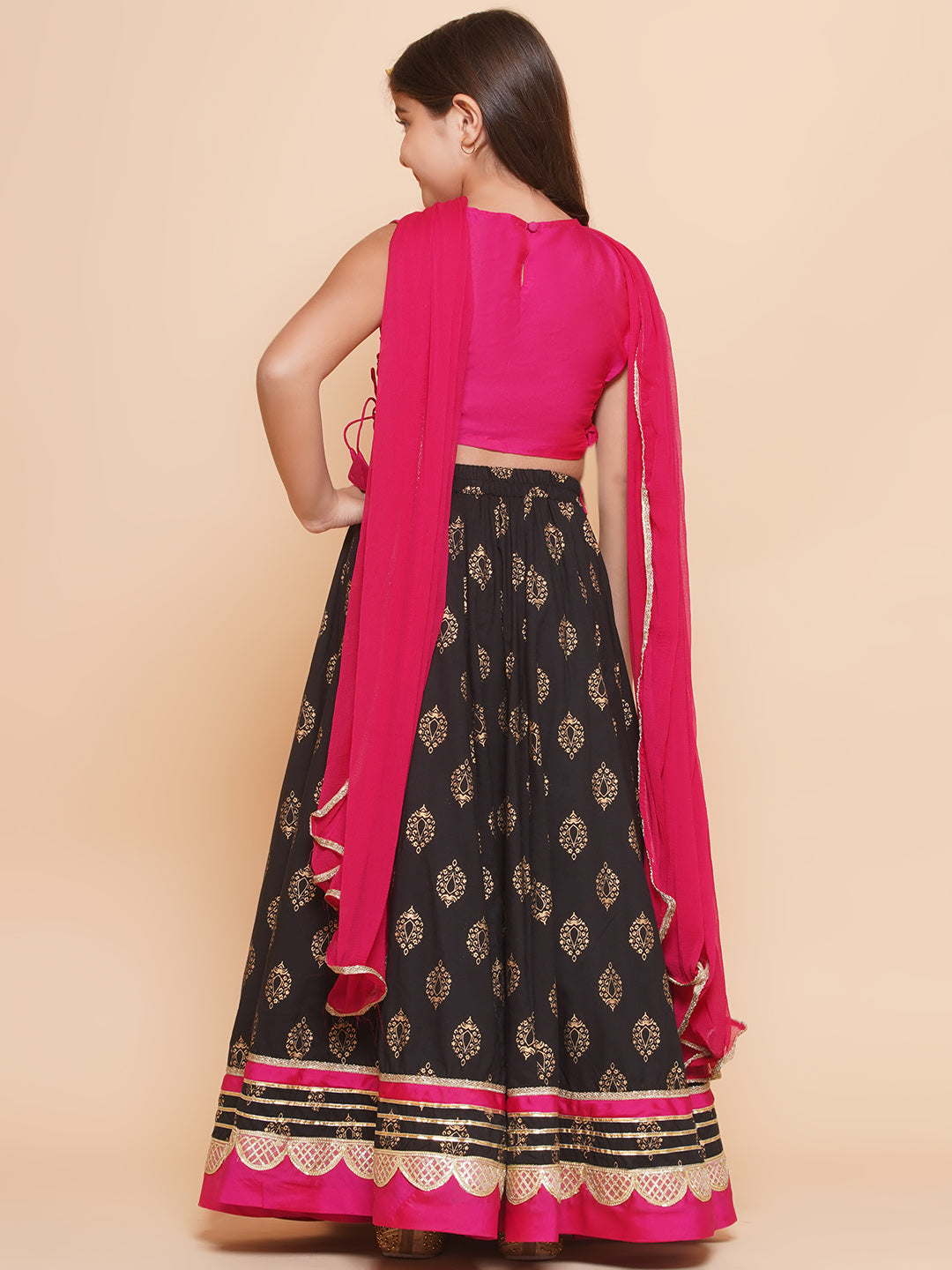 Bitiya by Bhama Girls Pink Embroidered Choli & Black Golden print Ready to Wear Lehenga With Dupatta