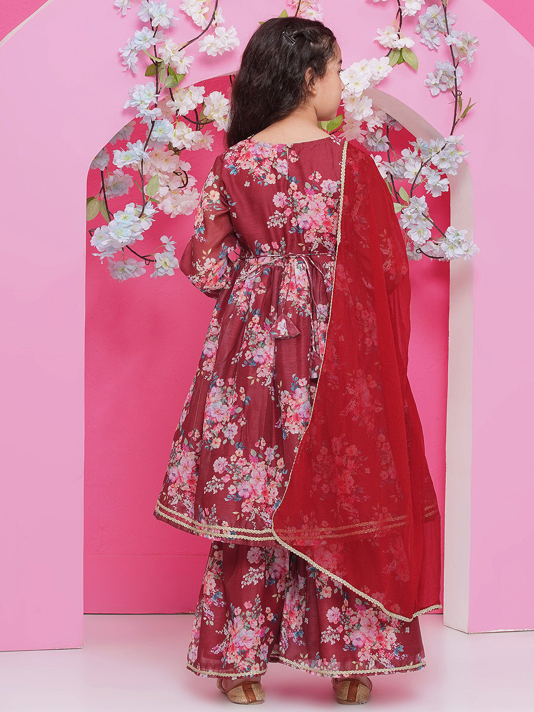 Bitiya by Bhama Girls Maroon Floral Printed Alia Design Kurta with Sharara with dupatta