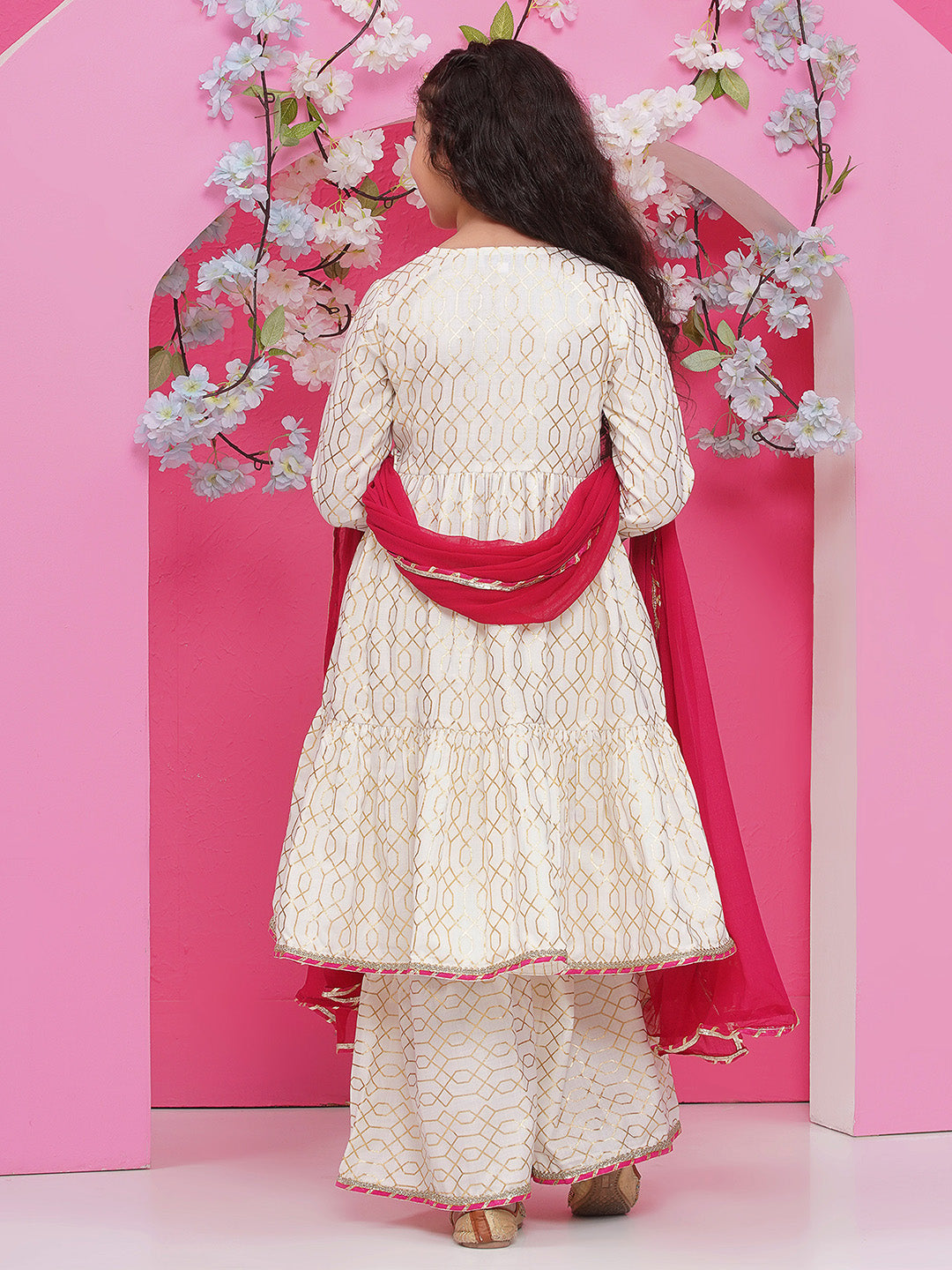 Bitiya by Bhama Girls Off white Foil Printed Angrakha Kurta with Sharara with dupatta