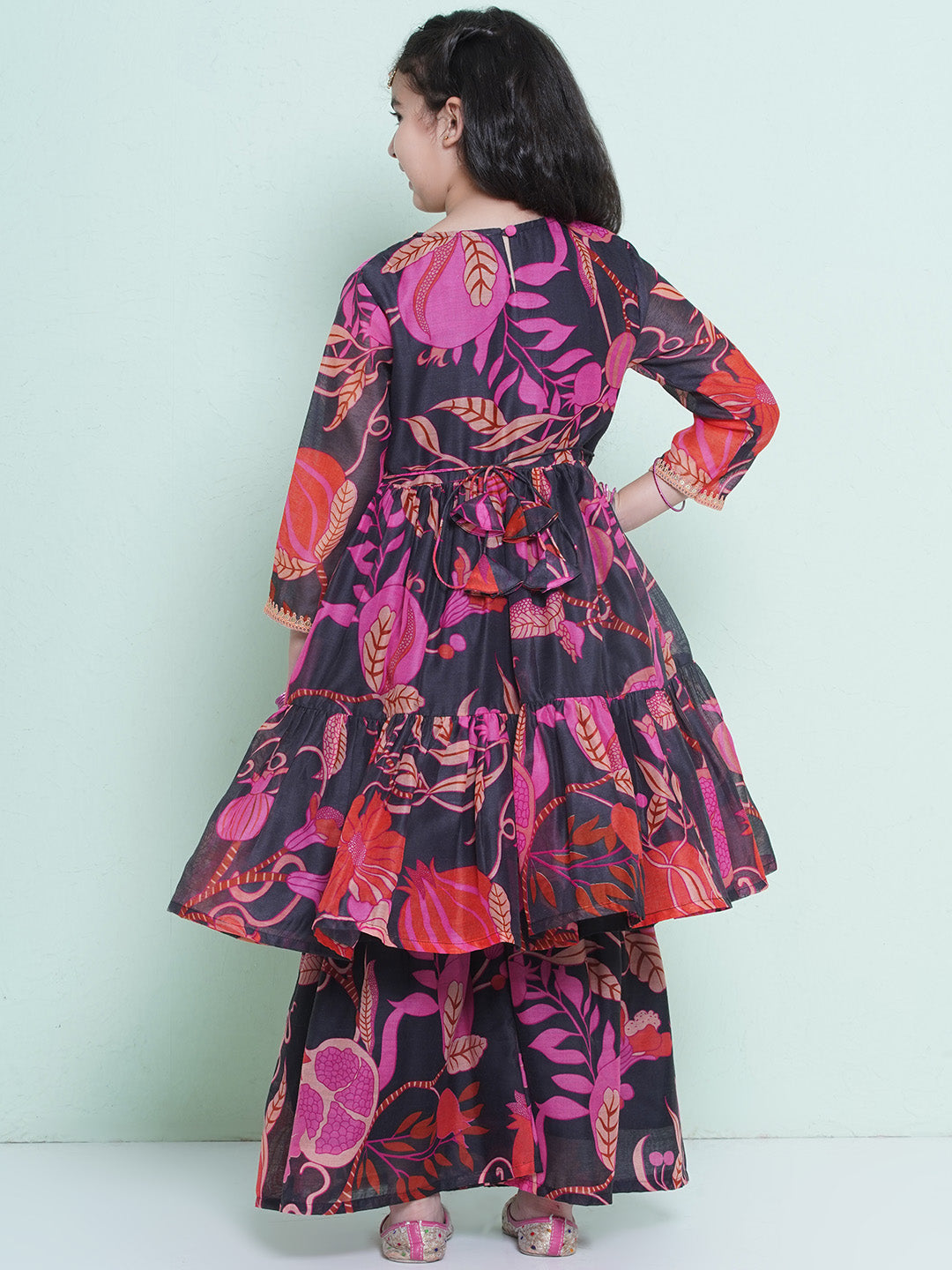 Girls Floral Printed Empire Gotta Patti Kurta with Sharara
