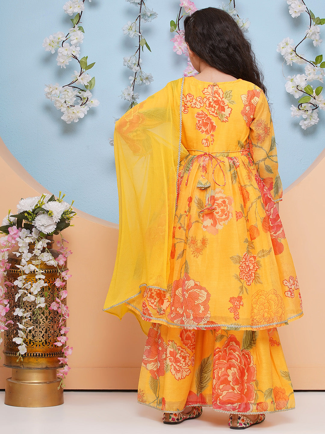 Bitiya by Bhama Girls Yellow Floral Printed Alia Design Kurta With Sharara With dupatta