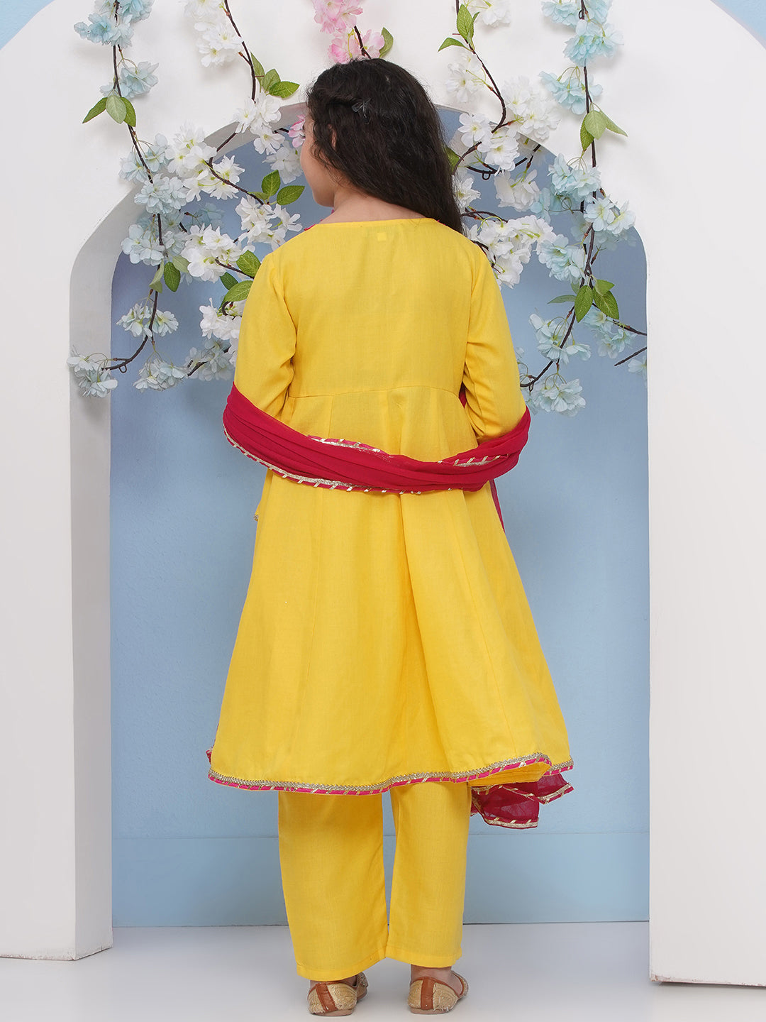 Bitiya by Bhama Girls Yellow Embroidered Angrakha Kurta with Trousers with dupatta