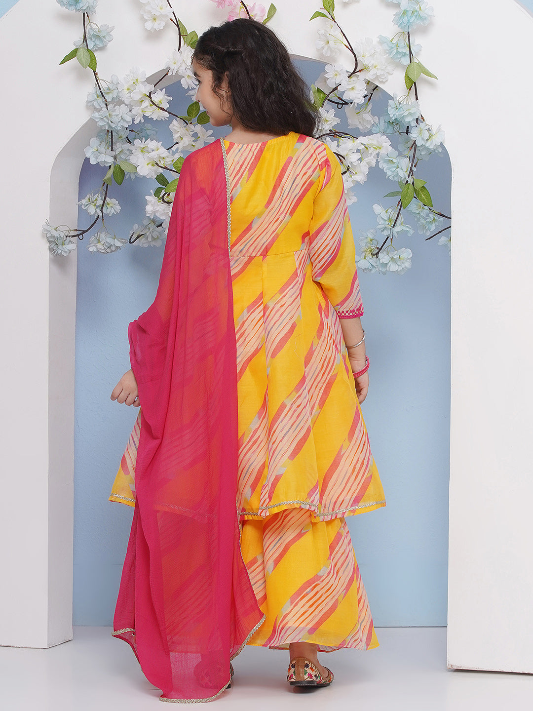 Bitiya by Bhama Girls Yellow Leheriya Printed Angrakha Kurta with Sharara with dupatta