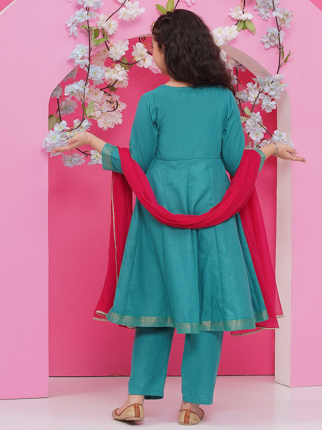 Bitiya by Bhama Girls Green Embroidered Angrakha Kurta with Trousers with dupatta