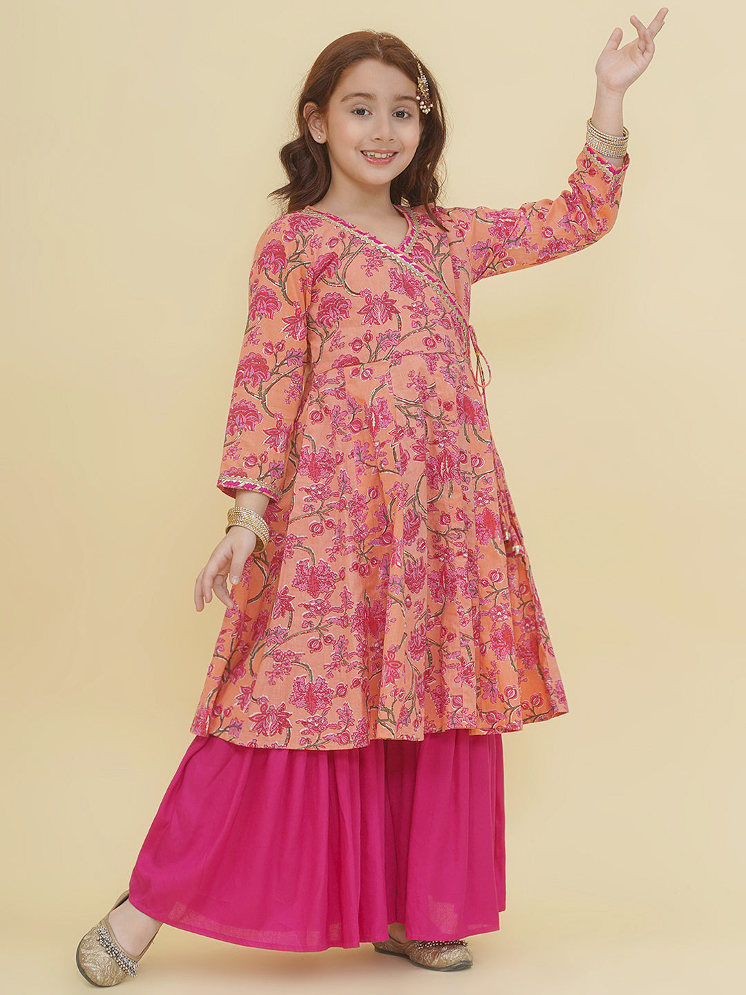 Bitiya by Bhama Girls Peach Floral Printed Angrakha Kurta with Sharara