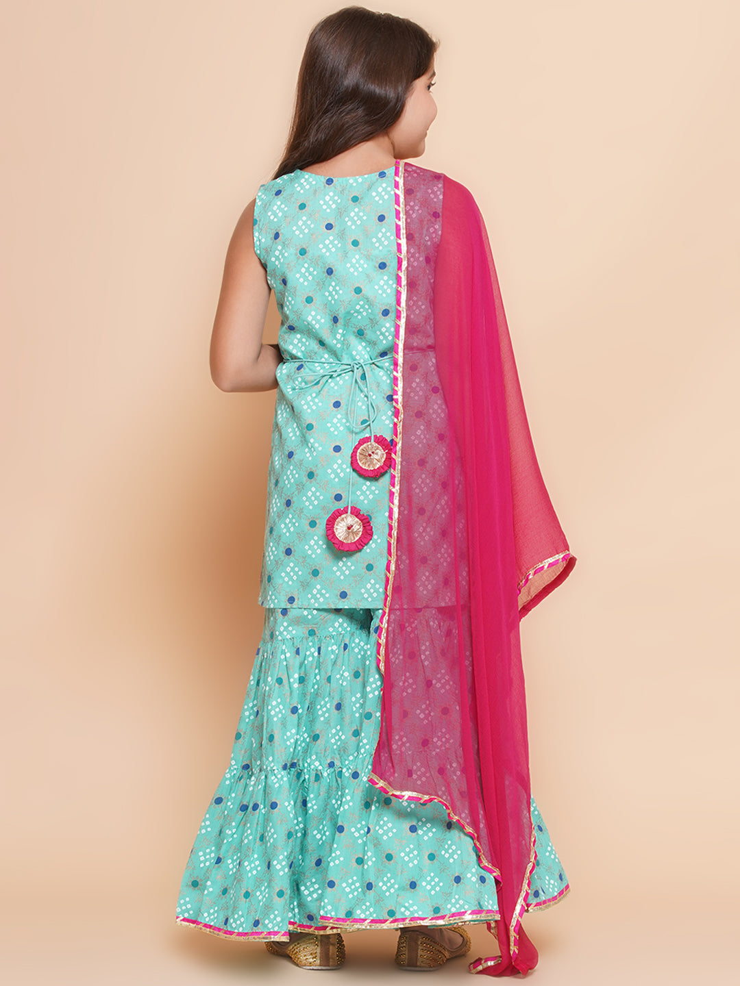 Bitiya by Bhama Girls Sea Green Gold Printed Kurta & Sharara With Dupatta