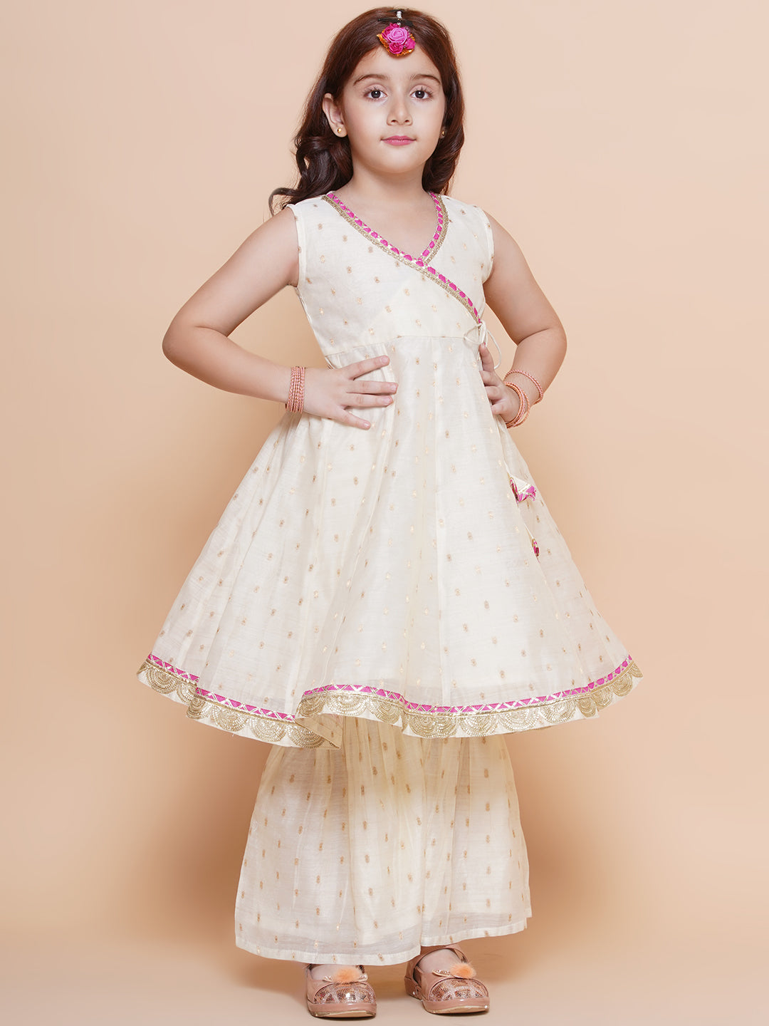 Bitiya by Bhama Girls Off white Angrakha Kurta with Sharara & Dupatta