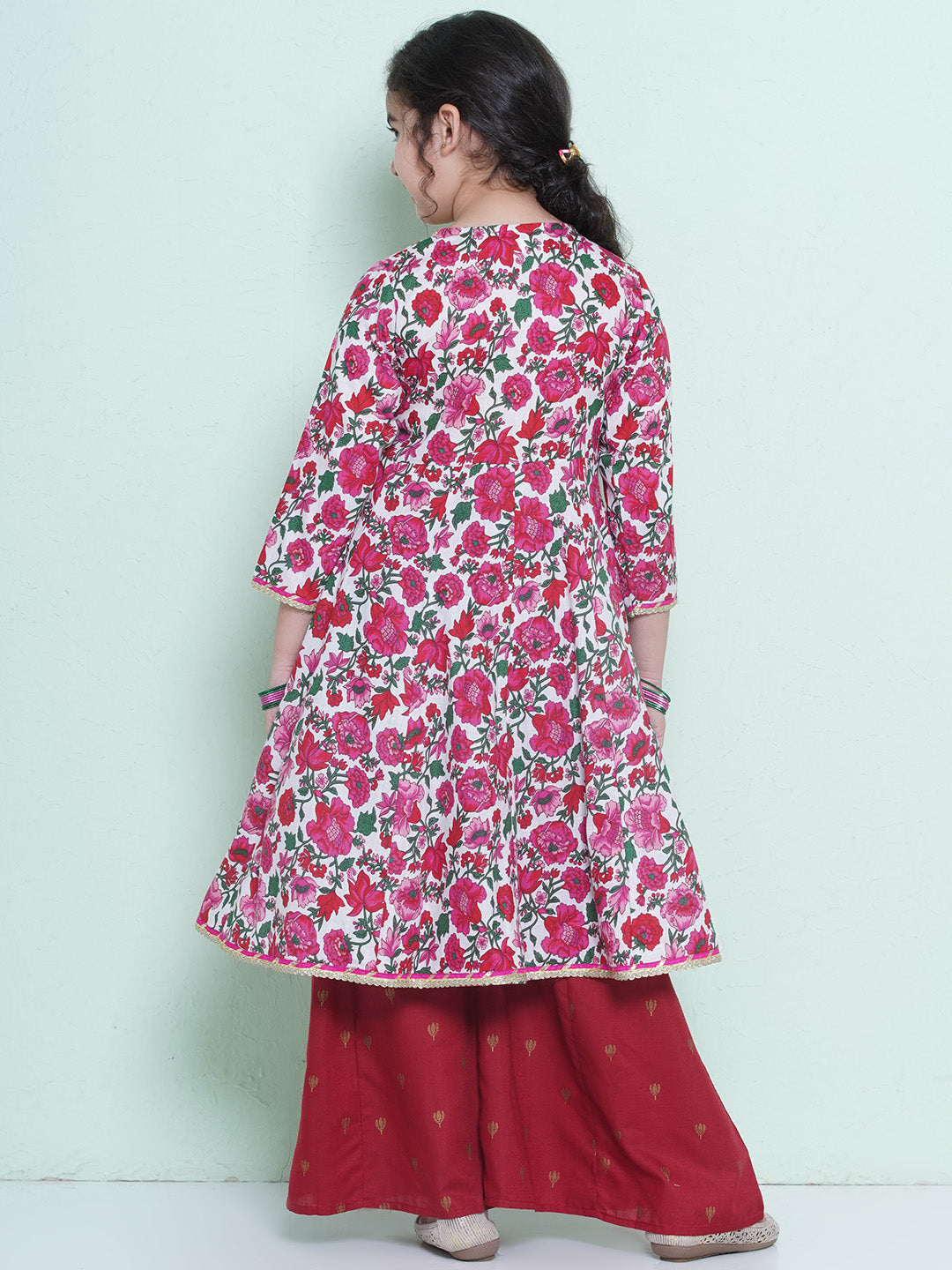 Girls Printed Angrakha Pure Cotton Anarkali Kurta With Palazzos