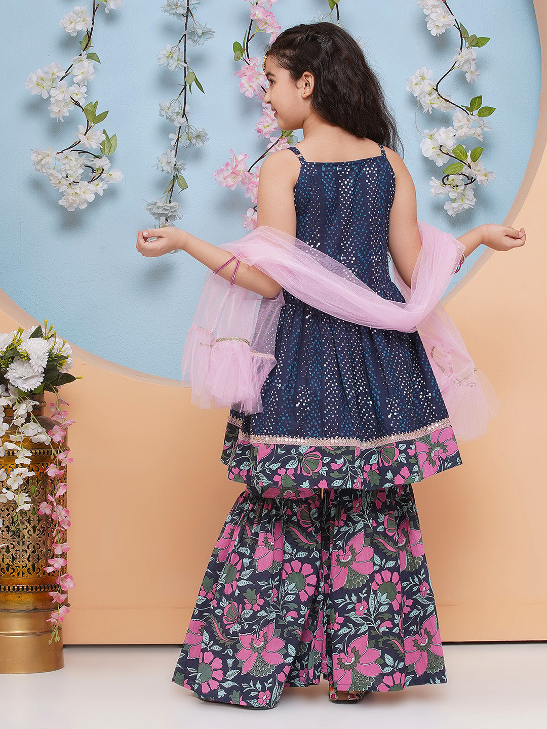 Girls Printed Empire Pure Cotton A-Line Kurta With Sharara & Dupatta