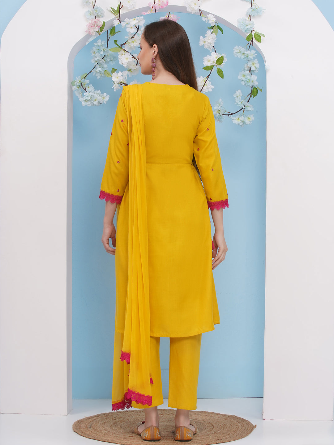 Floral Embroidered Anarkali Kurta With Palazzos & Dupatta