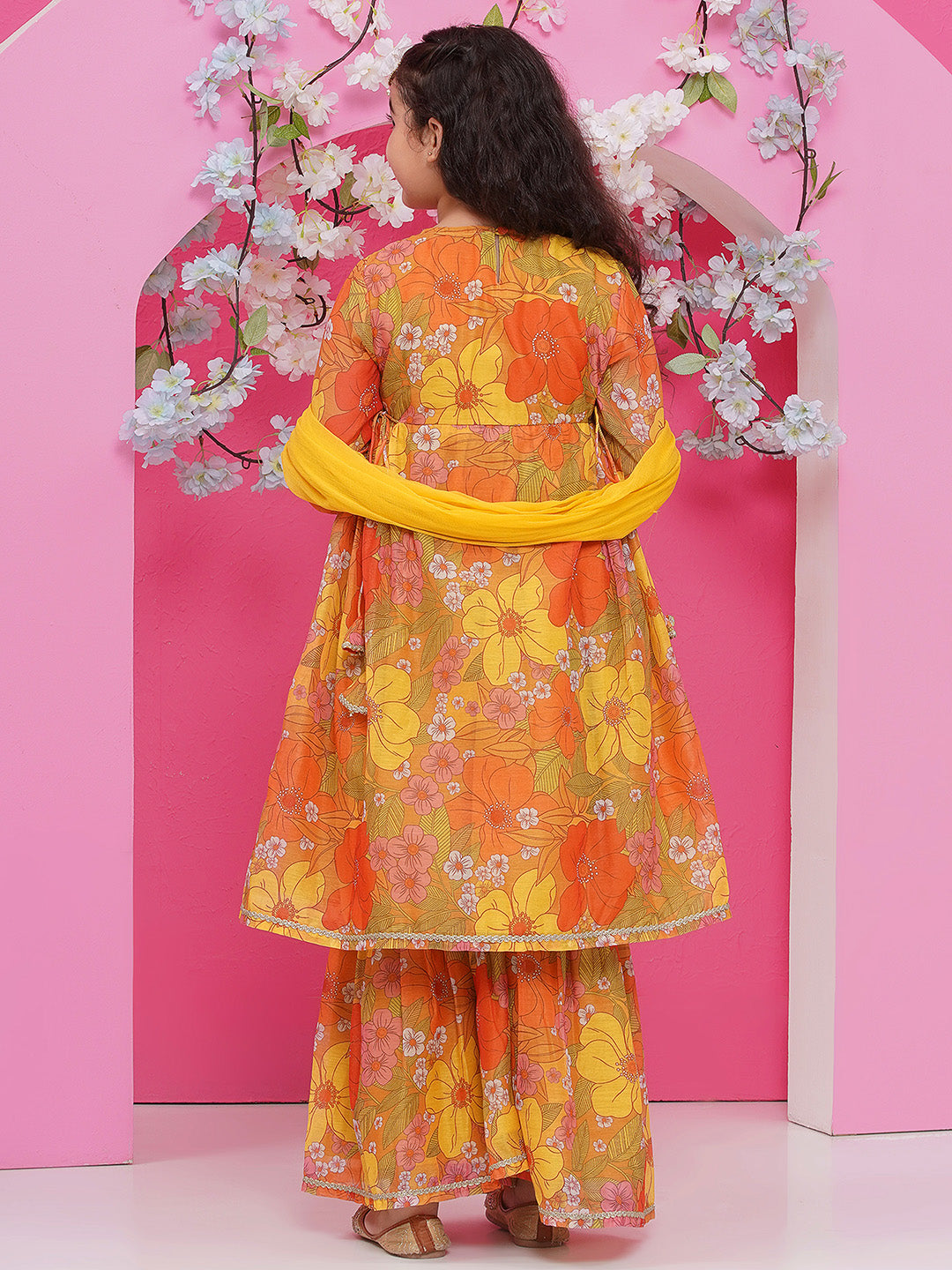 Bitiya by Bhama Girls Yellow Floral Printed Alia Design Kurta With Sharara With dupatta
