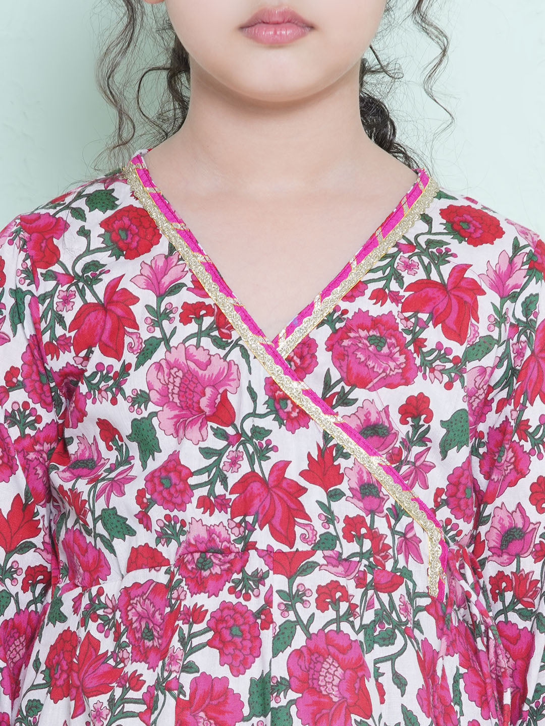 Girls Printed Angrakha Pure Cotton Anarkali Kurta With Palazzos