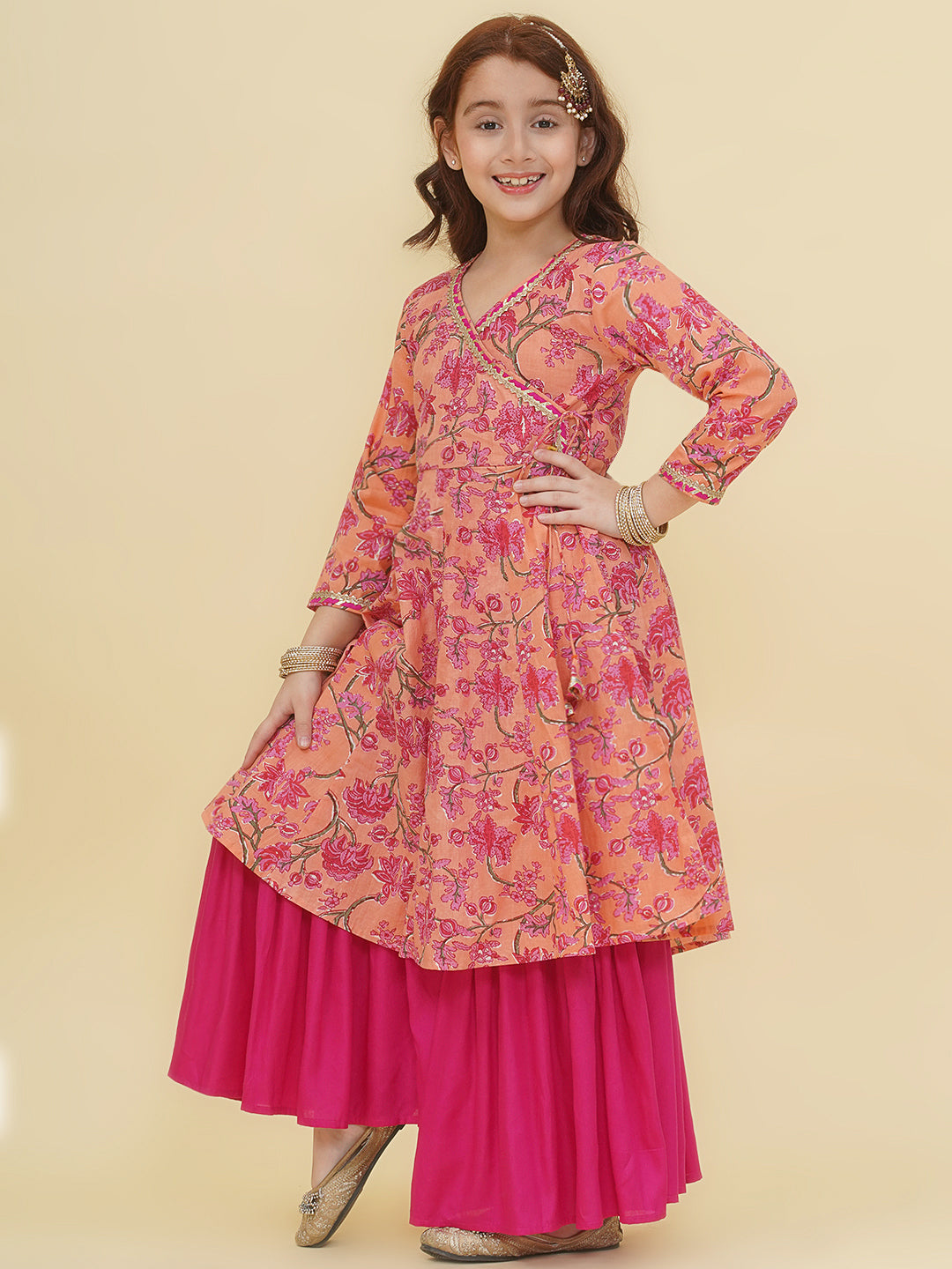 Bitiya by Bhama Girls Peach Floral Printed Angrakha Kurta with Sharara