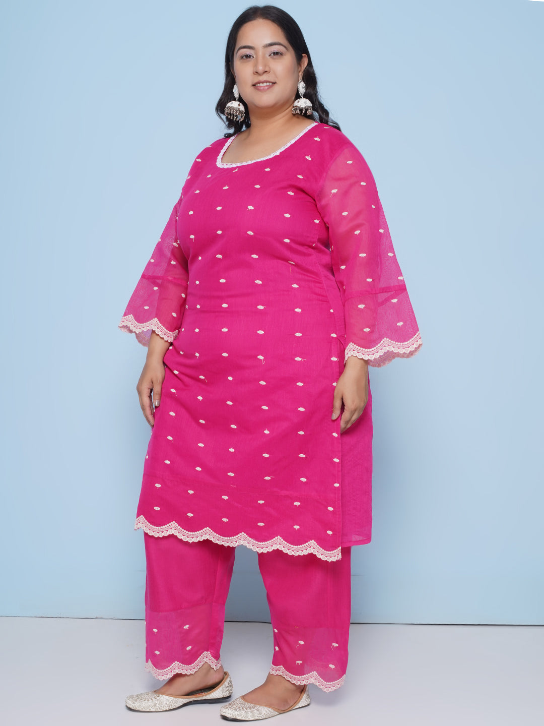 Fuchsia Pink Colour Embroidered Kurta With Embroiderd hemTrousers