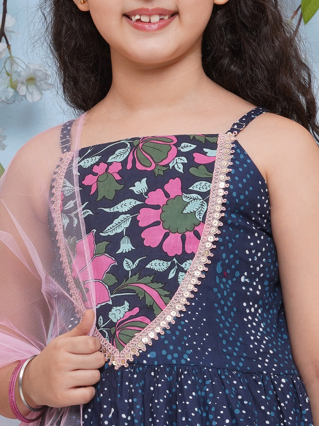 Girls Printed Empire Pure Cotton A-Line Kurta With Sharara & Dupatta