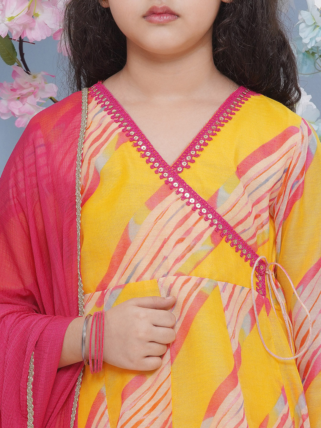 Bitiya by Bhama Girls Yellow Leheriya Printed Angrakha Kurta with Sharara with dupatta