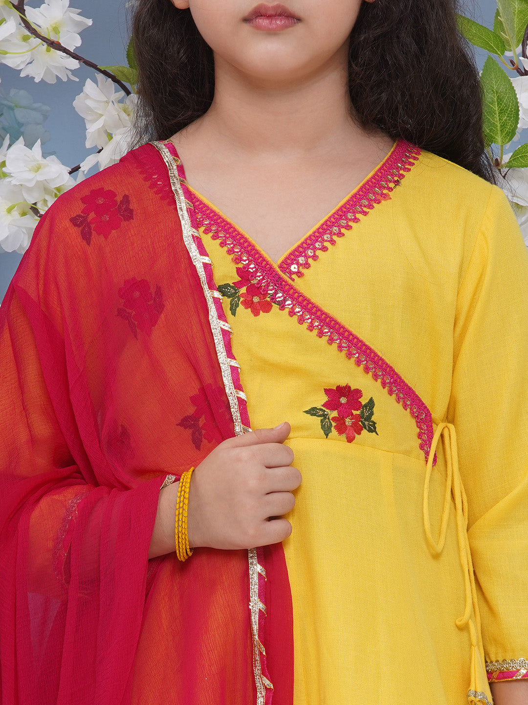 Bitiya by Bhama Girls Yellow Embroidered Angrakha Kurta with Trousers with dupatta