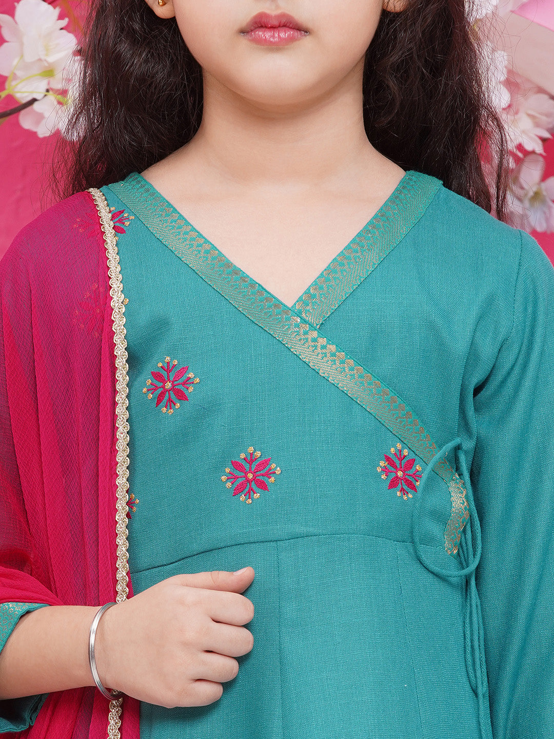 Bitiya by Bhama Girls Green Embroidered Angrakha Kurta with Trousers with dupatta