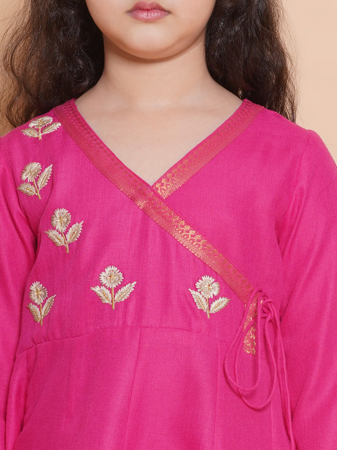 Bitiya by Bhama Girls Pink Embroidered Angrakha Kurta with Trousers
