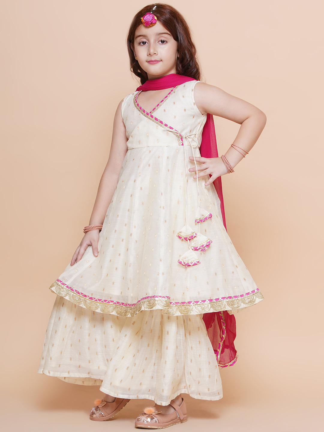 Bitiya by Bhama Girls Off white Angrakha Kurta with Sharara & Dupatta