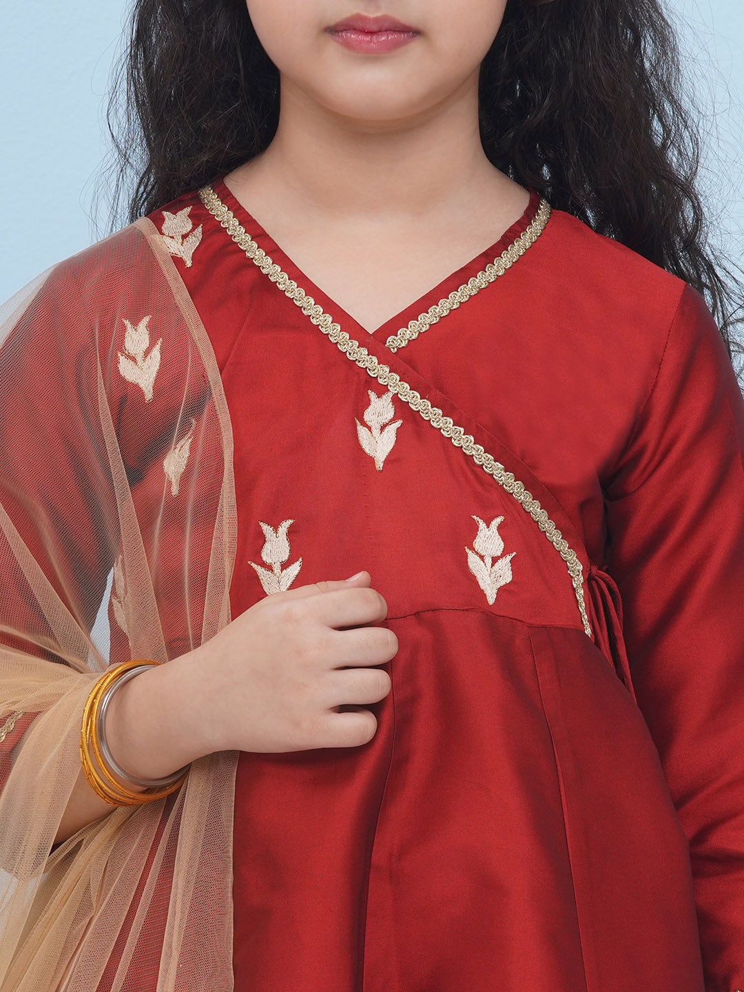 Bitiya by Bhama Girls Maroon Embroidered Angrakha Kurta with Trousers with dupatta