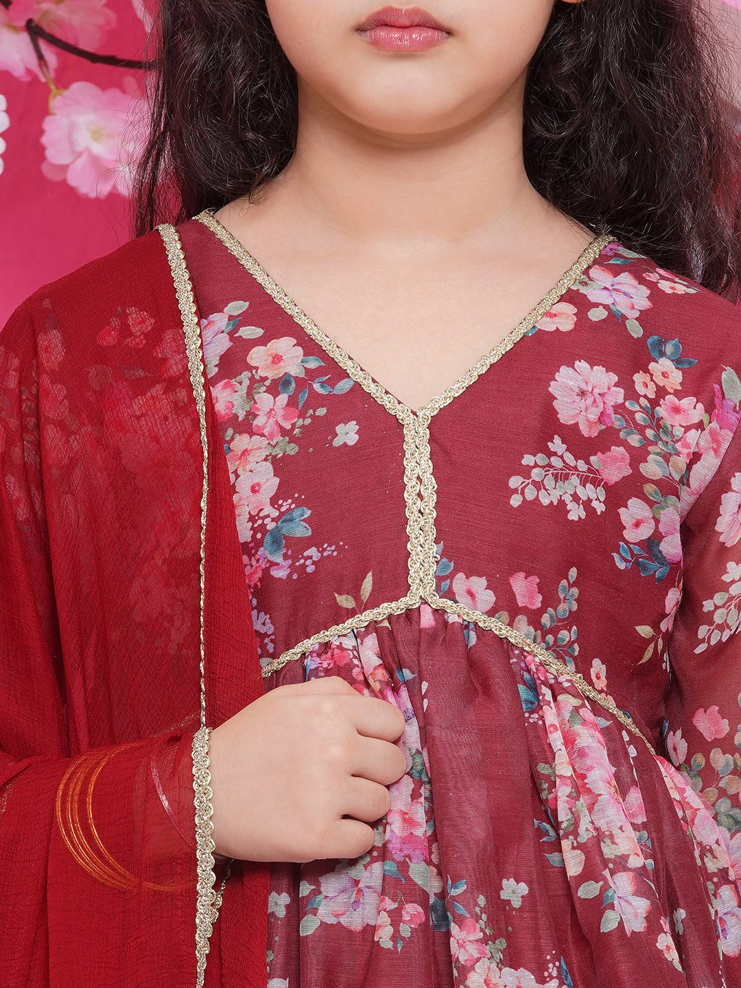 Bitiya by Bhama Girls Maroon Floral Printed Alia Design Kurta with Sharara with dupatta