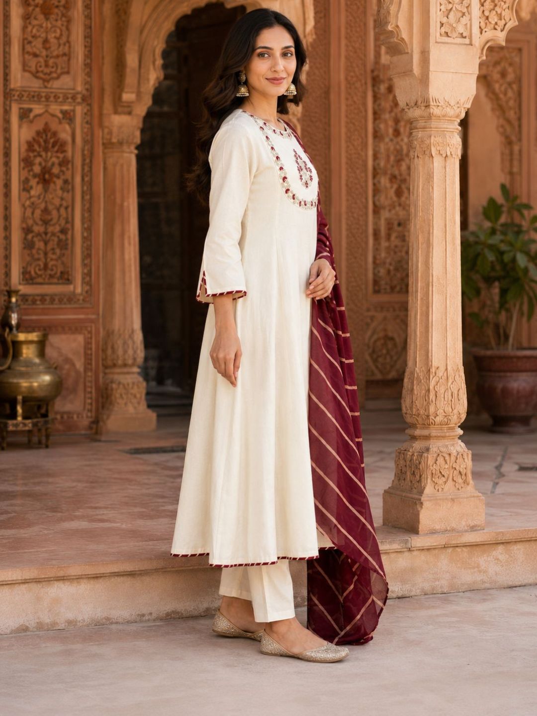 Off White Yoke Embroidery Kurta Set With Lehriya Dupatta