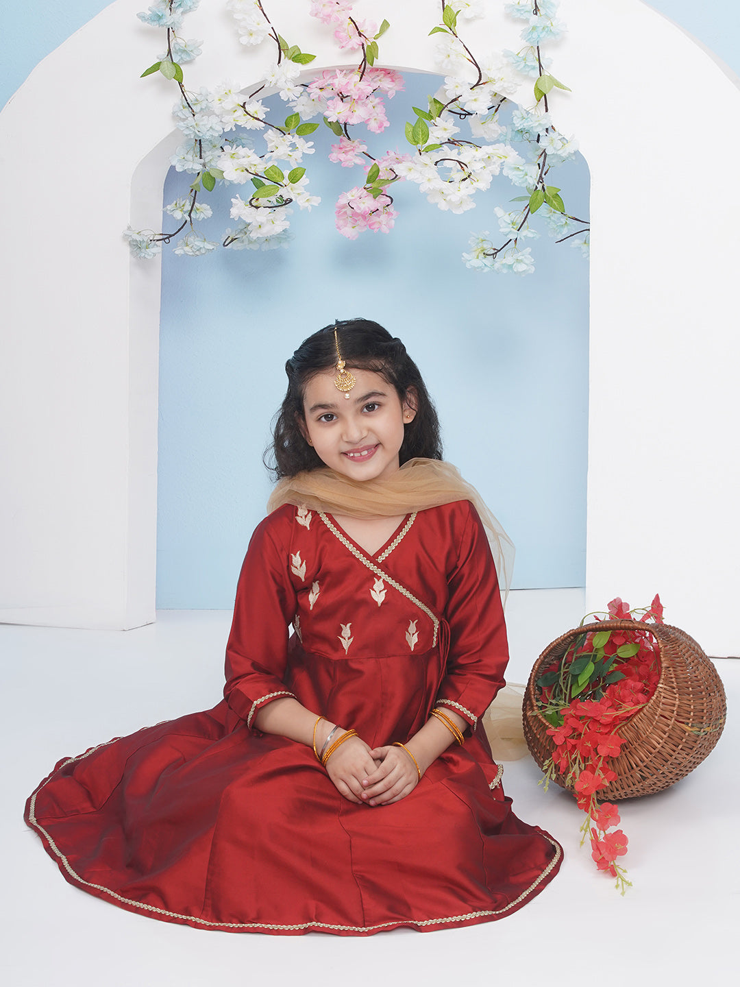 Bitiya by Bhama Girls Maroon Embroidered Angrakha Kurta with Trousers with dupatta