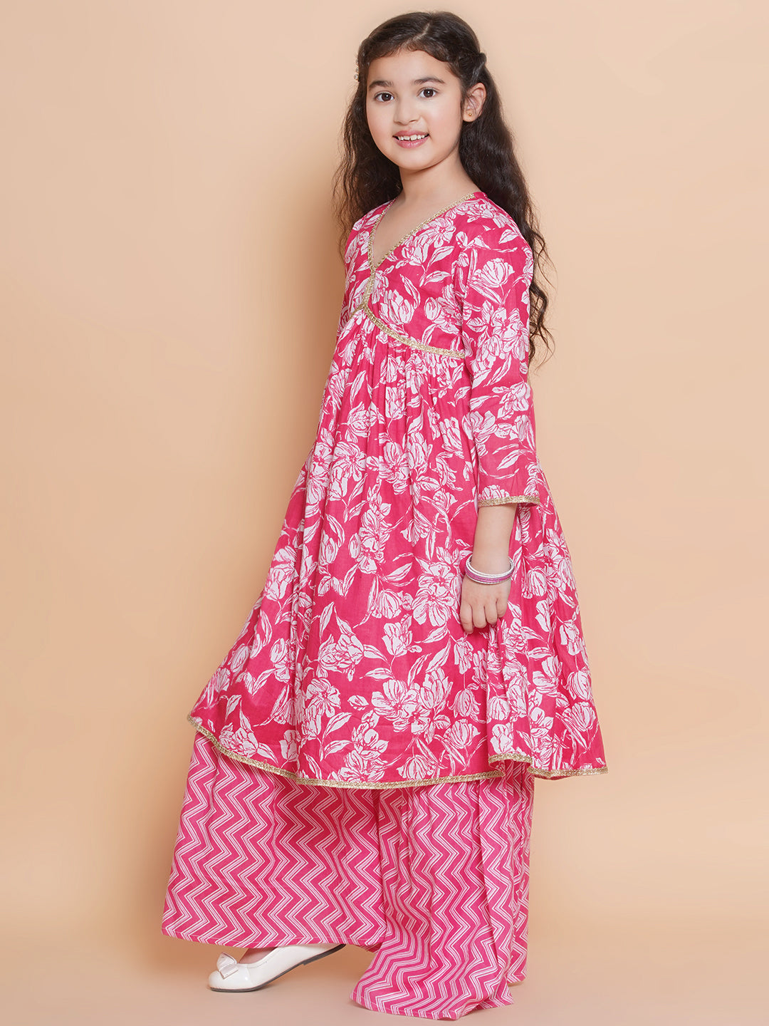 Girls Floral Printed Empire Gotta Patti Pure Cotton Kurta with Sharara