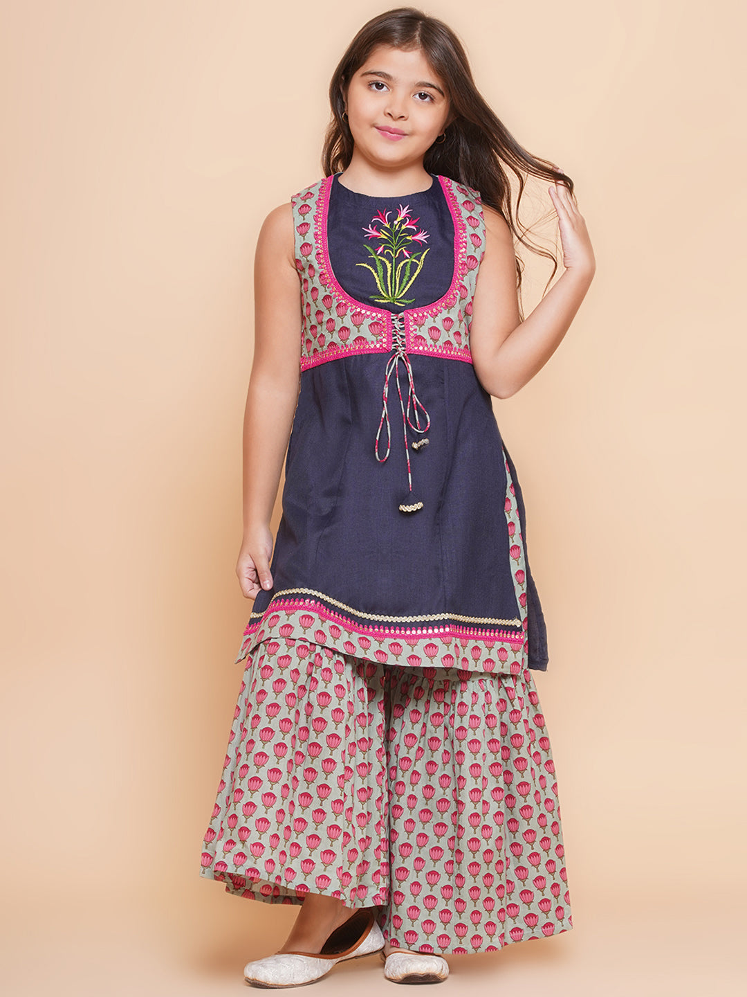 Bitiya by Bhama Girls Navy Blue Embroidered Jacket Style kurta with Sharara