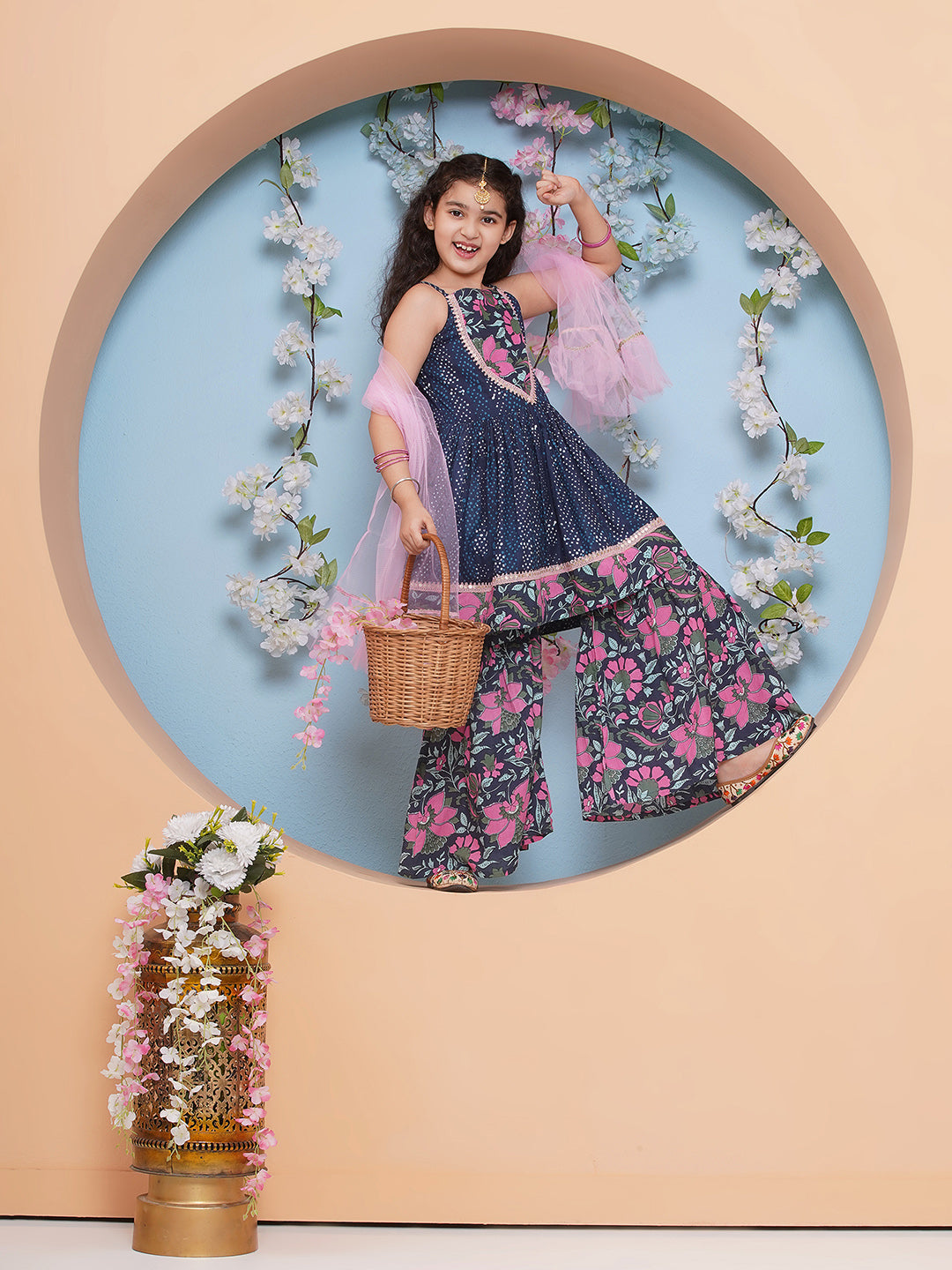Girls Printed Empire Pure Cotton A-Line Kurta With Sharara & Dupatta