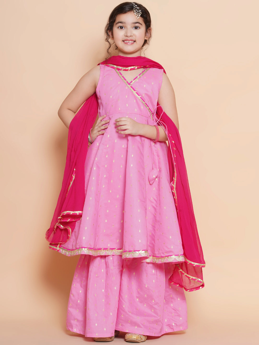 Bitiya by Bhama Girls Pink Ethnic motifs woven design Kurta With Sharara dupatta