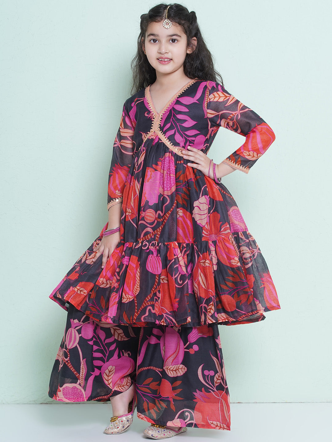 Girls Floral Printed Empire Gotta Patti Kurta with Sharara
