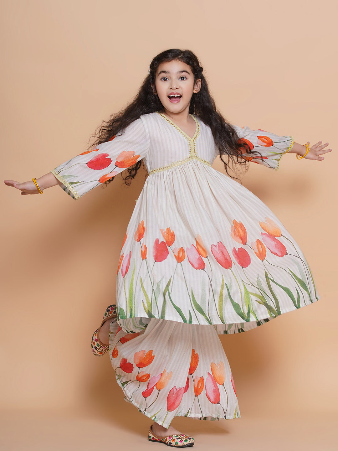 Girls Printed Empire Gotta Patti Pure Cotton Anarkali Kurta With Sharara