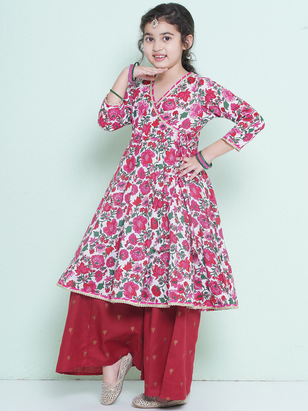 Girls Printed Angrakha Pure Cotton Anarkali Kurta With Palazzos